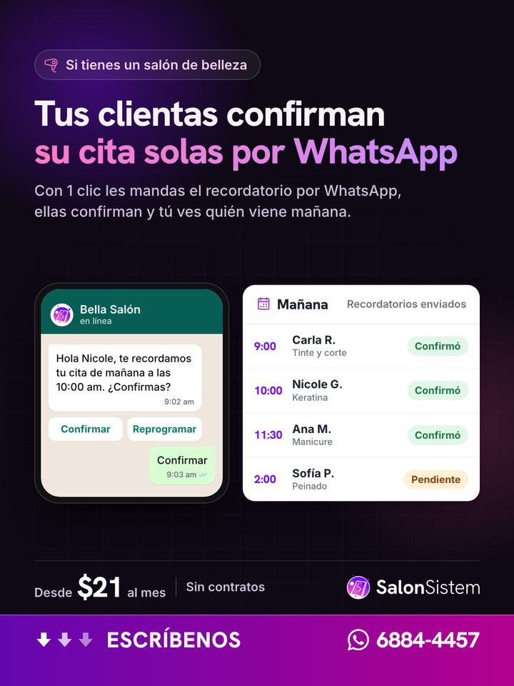 Anuncio de SalonSistem sobre recordatorios de cita por WhatsApp
