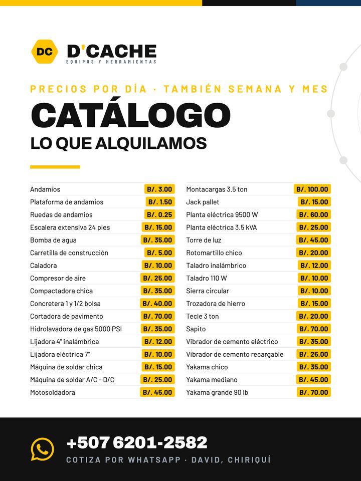 Catálogo de precios de alquiler de equipo de Equipos D'Cache