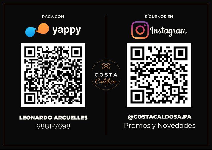 Letrero de mostrador con QR de pago e Instagram de Costa Caldosa