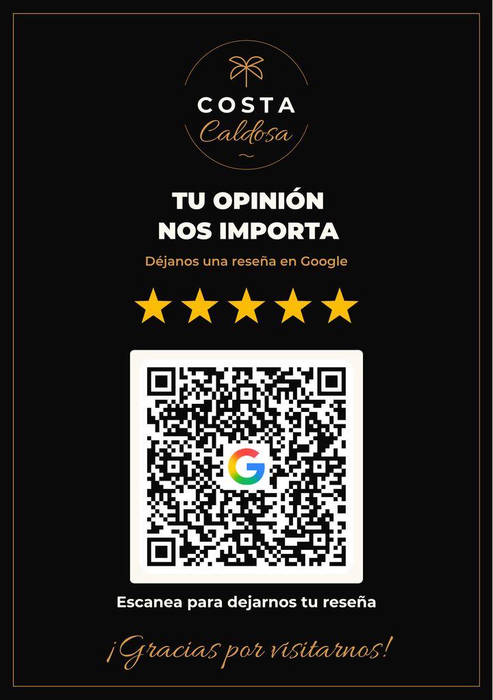 Letrero de mesa con QR para reseñas de Costa Caldosa