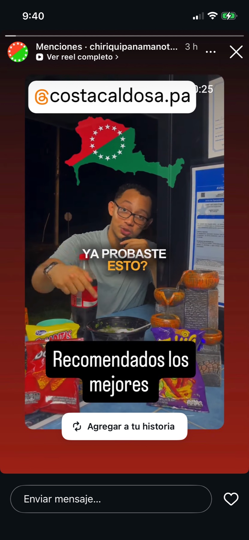 Historia de Chiriquí Noticias mencionando el reel viral de Cevichería Costa Caldosa en Instagram