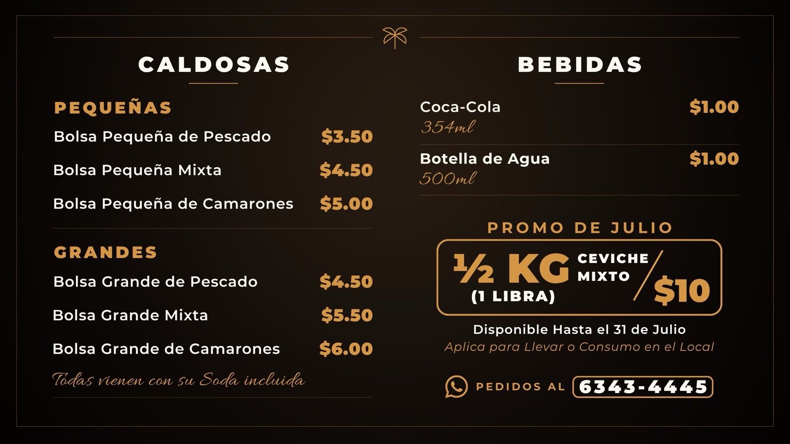 Diseño de menú horizontal de Cevichería Costa Caldosa: caldosas, bebidas y promo de julio, creado por Fresa Marketing