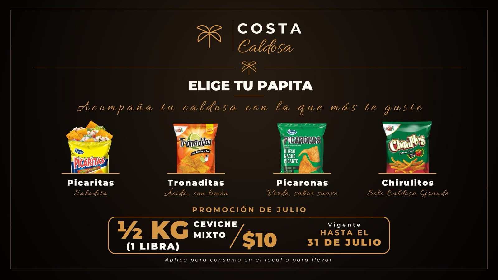 Diseño de menú horizontal de Cevichería Costa Caldosa, segunda versión, creado por Fresa Marketing