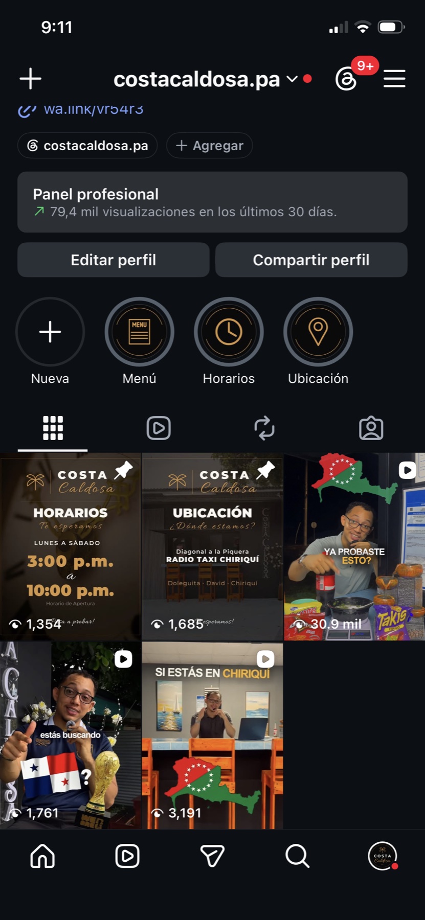 Perfil de Instagram de Costa Caldosa con videos, publicaciones fijadas e historias destacadas creadas por Fresa Marketing