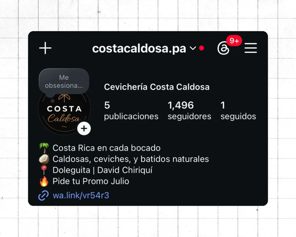 Perfil de Instagram de Cevichería Costa Caldosa con casi 1,500 seguidores conseguidos desde cero por Fresa Marketing