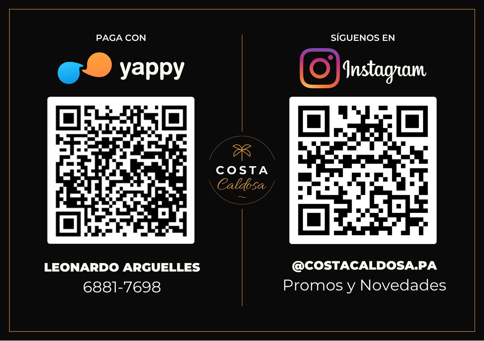 Diseño de QR de Yappy e Instagram para el local de Cevichería Costa Caldosa, creado por Fresa Marketing
