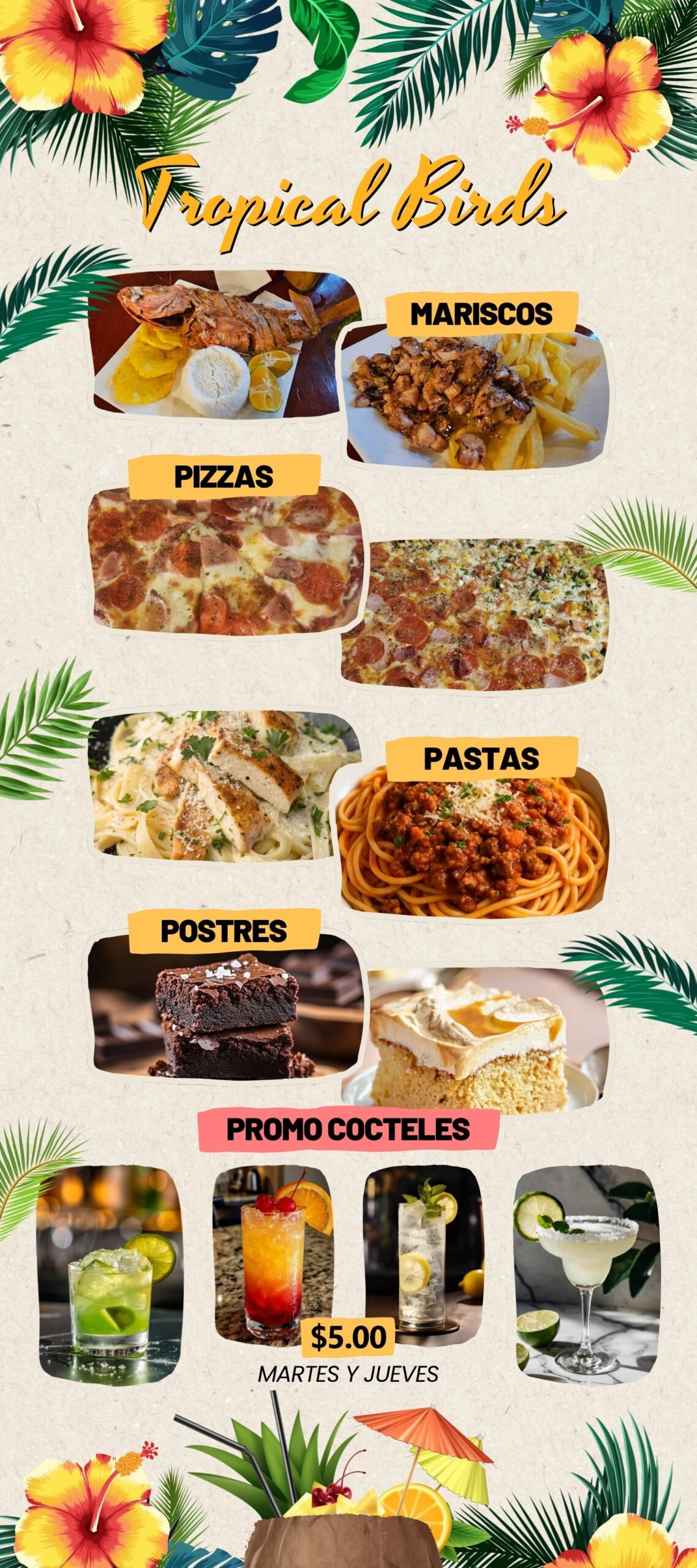Diseño de banner visual de menú para restaurante Tropical Birds en Isla Colón, Panamá, proyecto de Fresa Marketing
