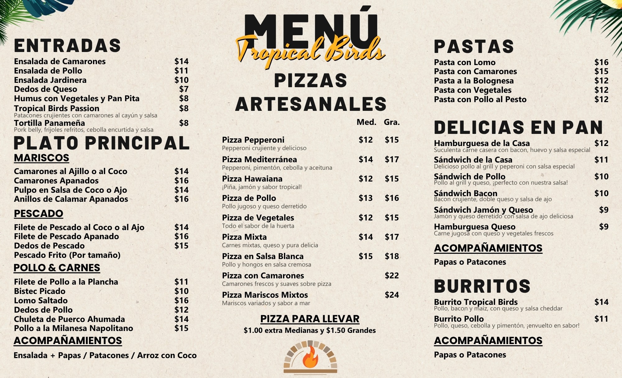 Diseño de menú restaurante Tropical Birds Panamá, carta de comidas, pizzas artesanales y platos principales creada por Fresa Marketing