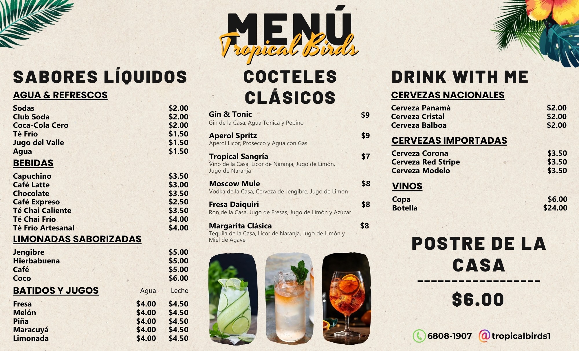 Diseño de menú restaurante Tropical Birds Panamá, carta de bebidas, cócteles y postres creada por Fresa Marketing