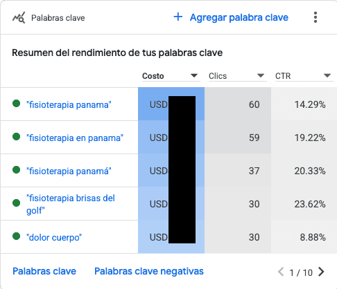 Estadísticas de la campaña publicitaria para fisiofix terapia física en panamá