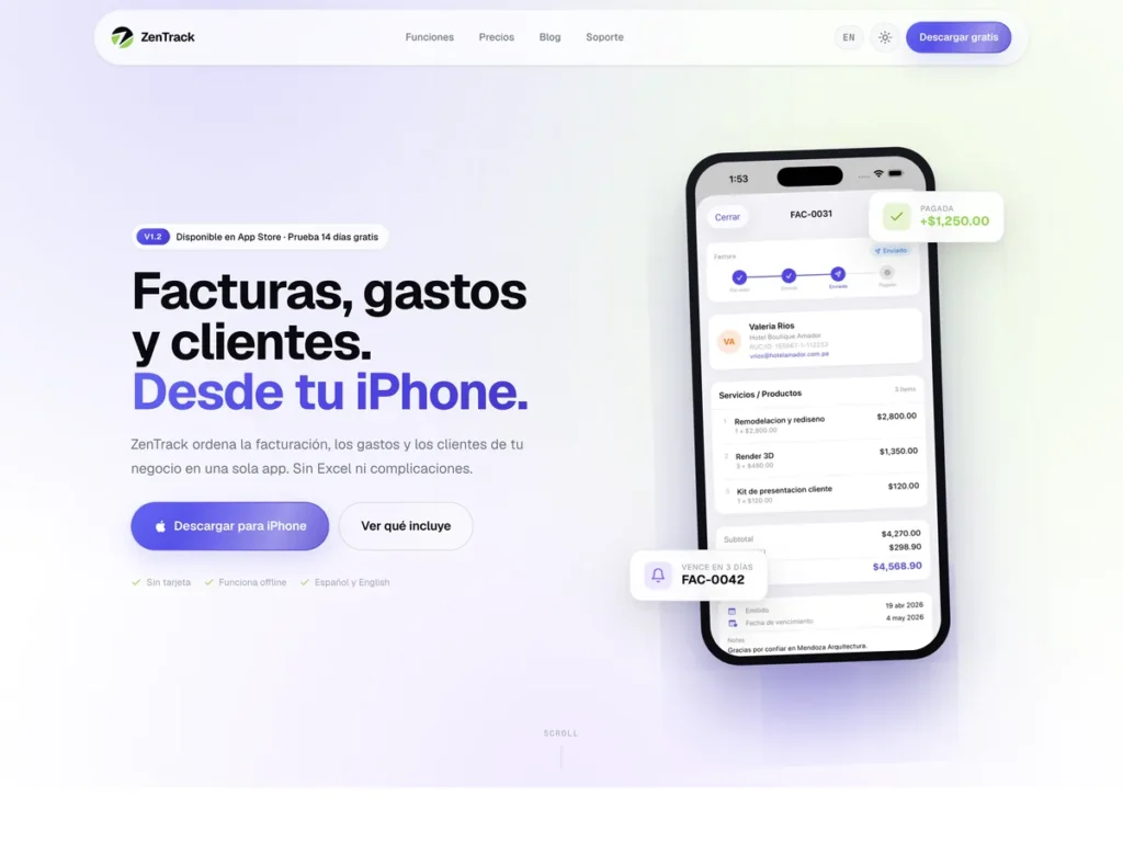 Página web de ZenTrack, app de facturación y gastos para negocios