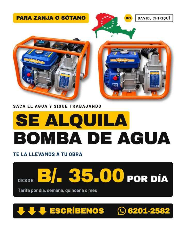 Anuncio de alquiler de bomba de agua en David, Chiriquí, para D'Cache
