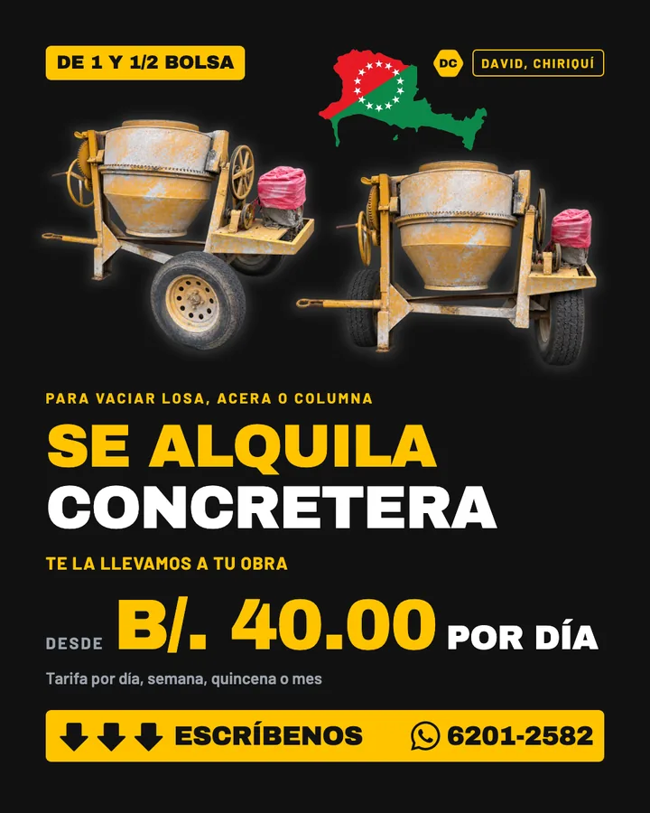 Anuncio de alquiler de concretera en David, Chiriquí, para D'Cache