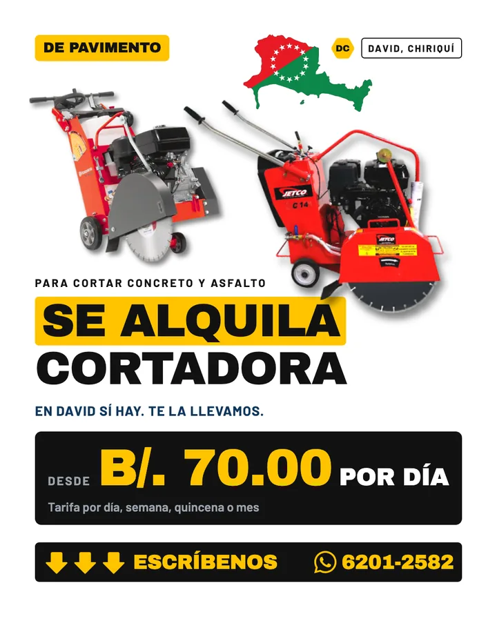 Anuncio de alquiler de cortadora de pavimento en David, Chiriquí, para D'Cache