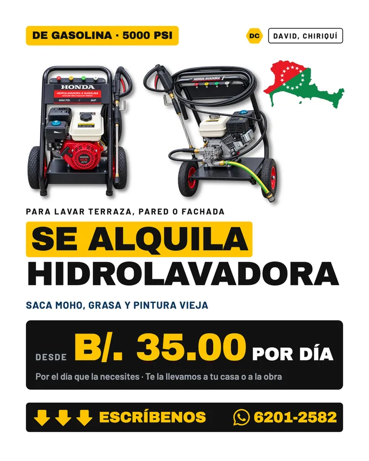 Anuncio de alquiler de hidrolavadora en David, Chiriquí, para D'Cache