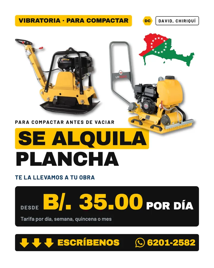 Anuncio de alquiler de plancha vibratoria en David, Chiriquí, para D'Cache