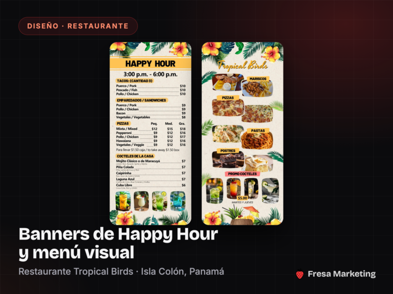 Portada del caso: banners de Happy Hour del restaurante Tropical Birds en Isla Colón