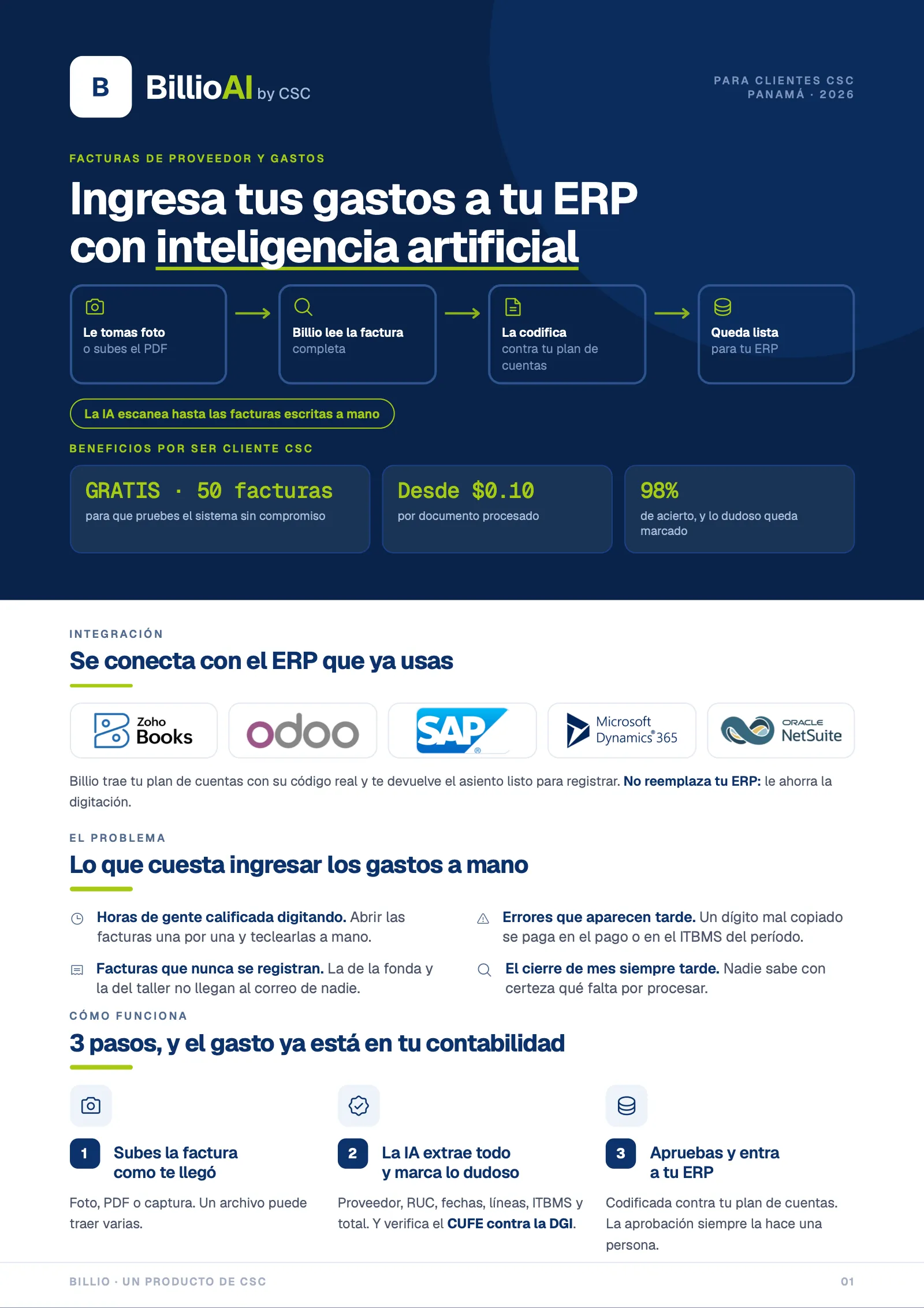 Primera página del brochure comercial de Billio diseñado por Fresa Marketing