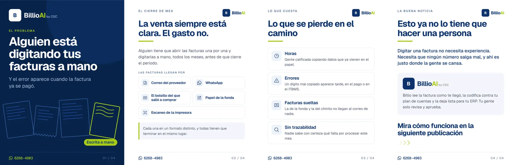 Carrusel fijado de Instagram de Billio sobre el problema de digitar facturas a mano