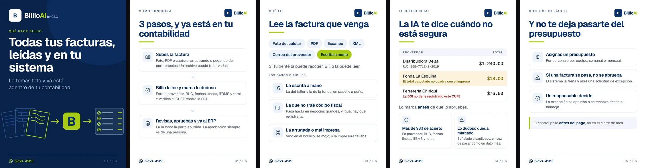 Carrusel fijado de Instagram de Billio que explica qué hace el software