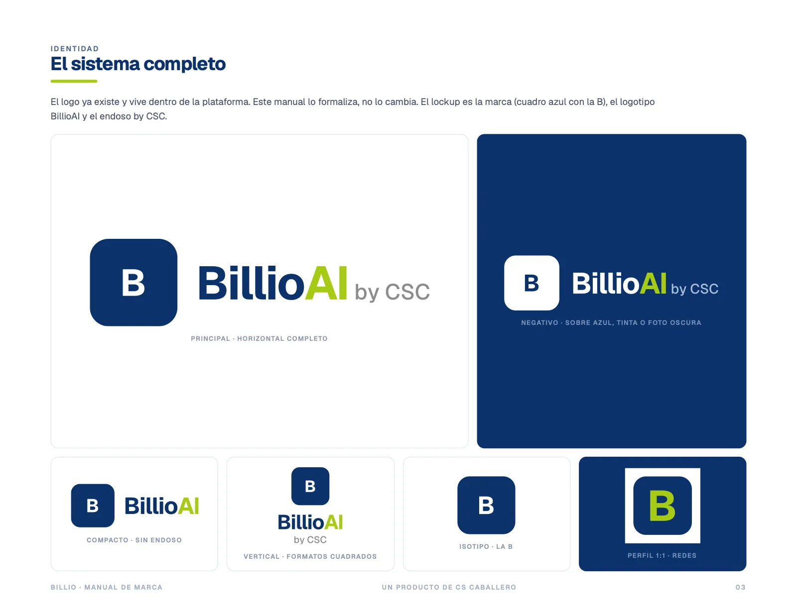 Sistema de logos de Billio en versión clara, oscura y compacta