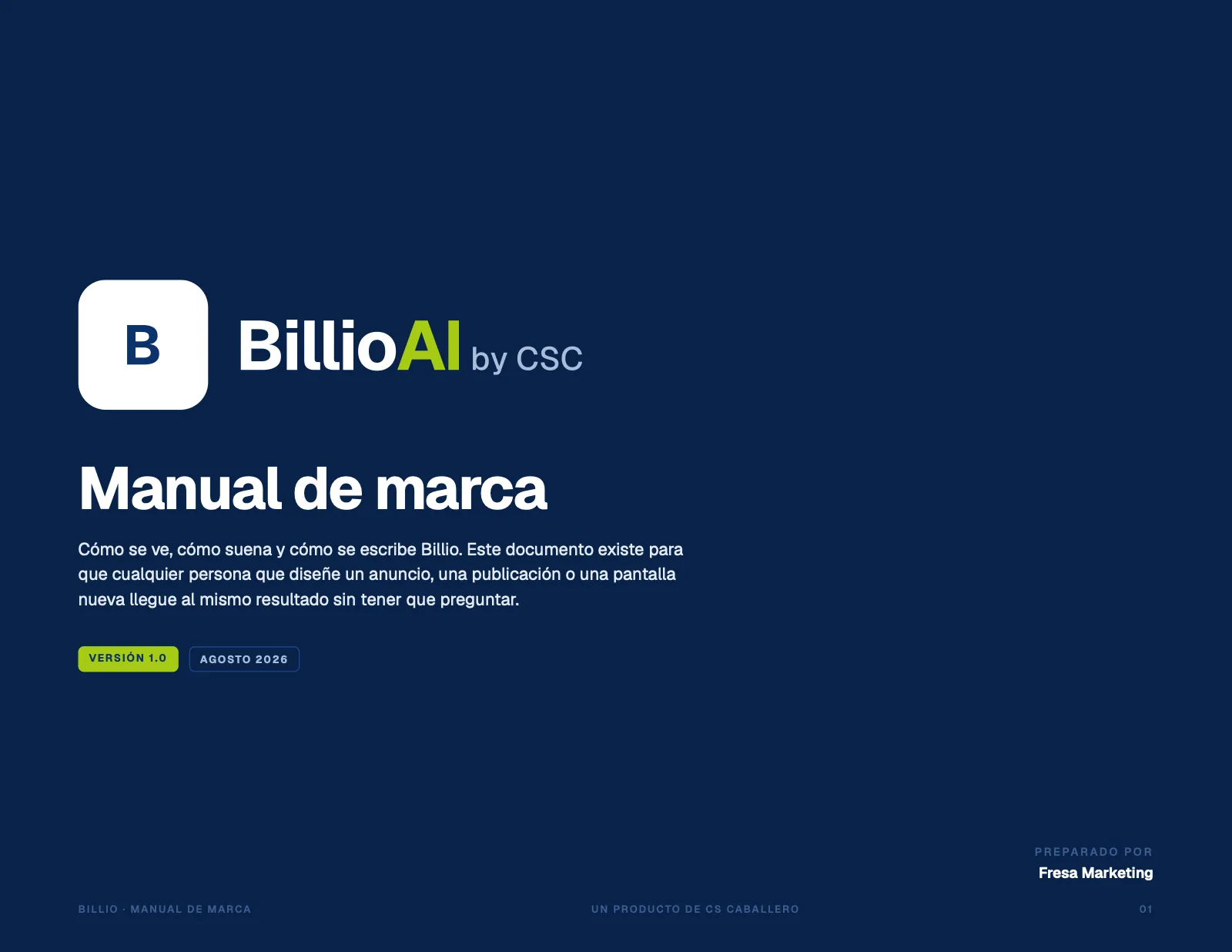 Portada del manual de marca de Billio, creado por Fresa Marketing