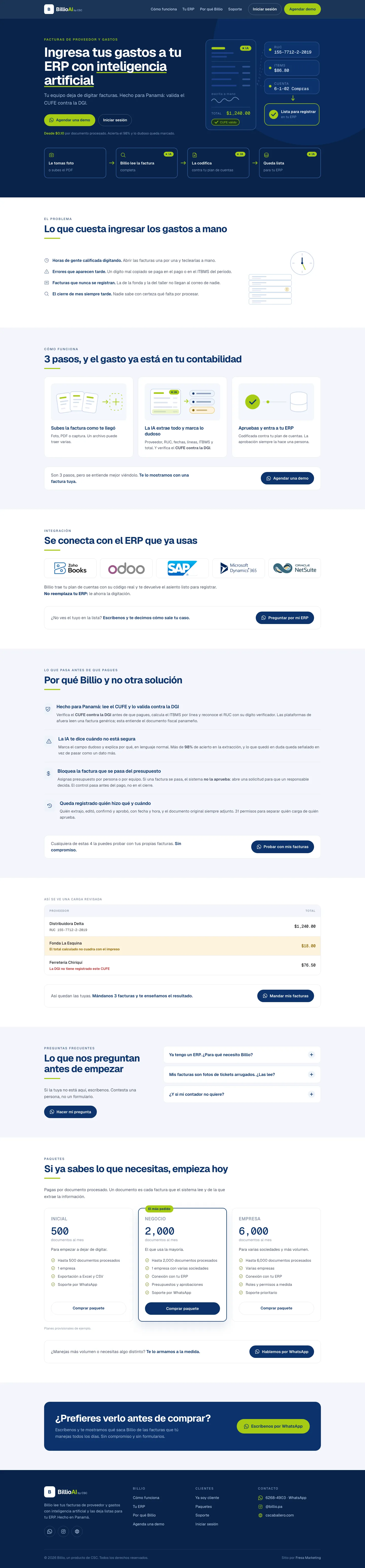 Recorrido completo de la página web de Billio en computadora