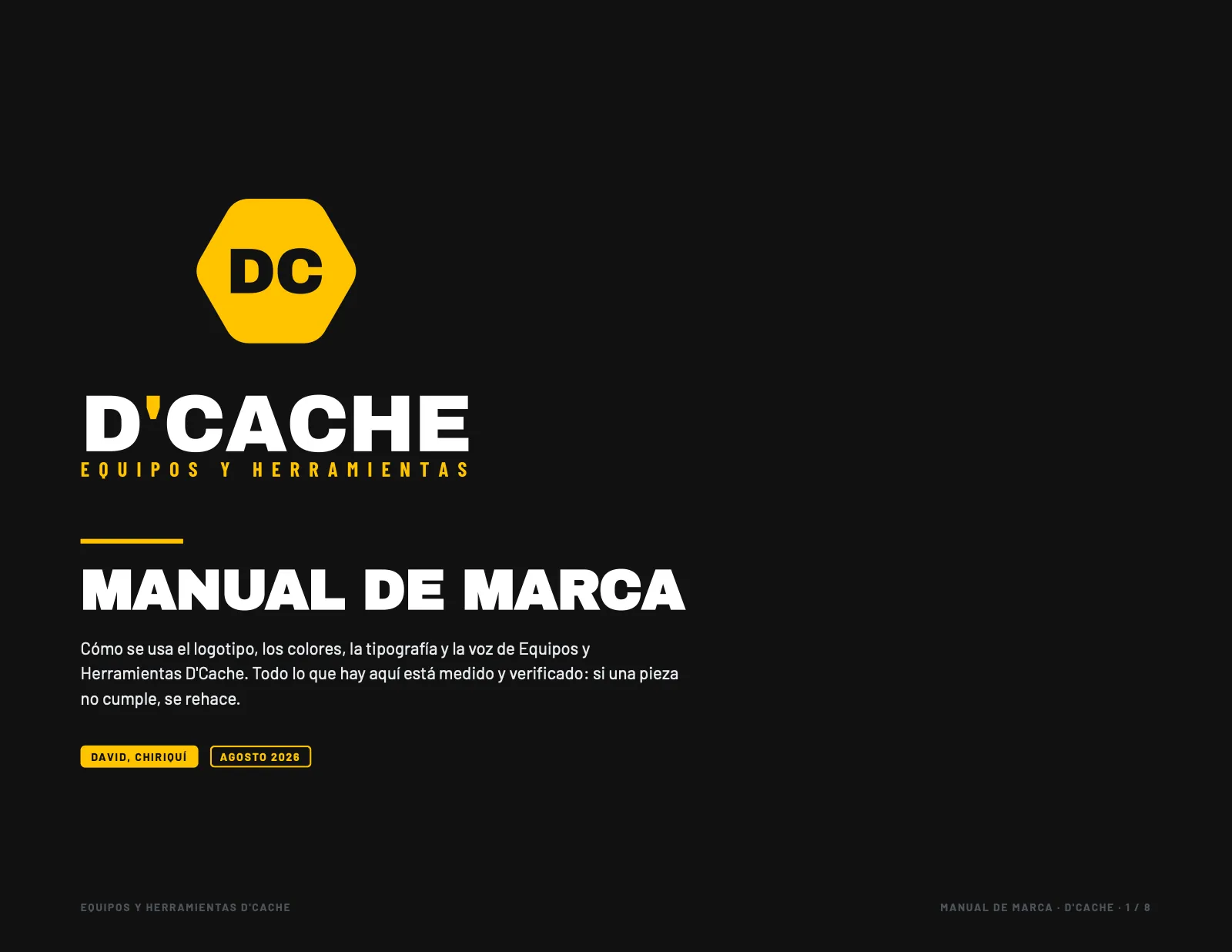 Portada del manual de marca de D'Cache con el logo de la tuerca amarilla