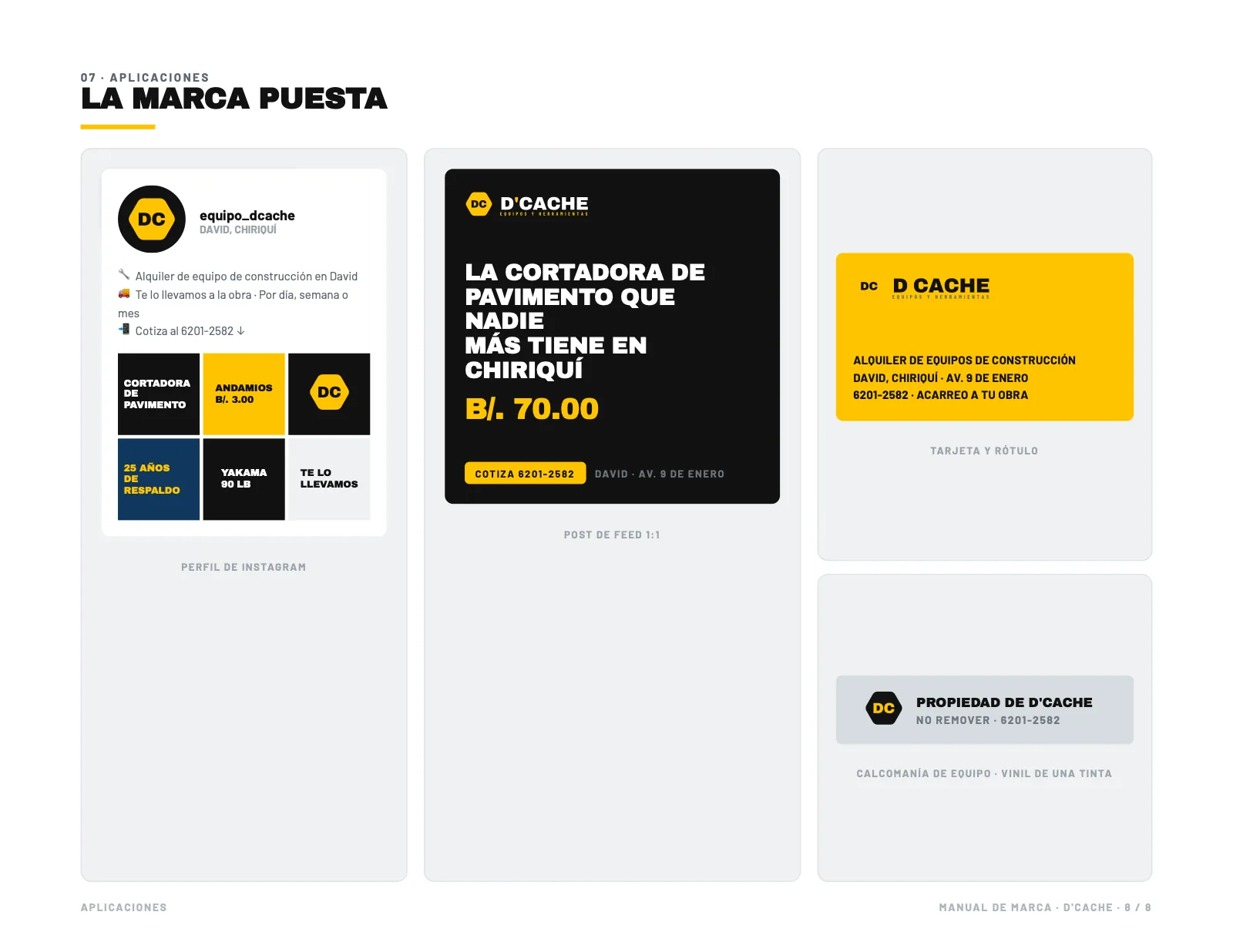 La marca de D'Cache aplicada en Instagram, anuncio y vehículo