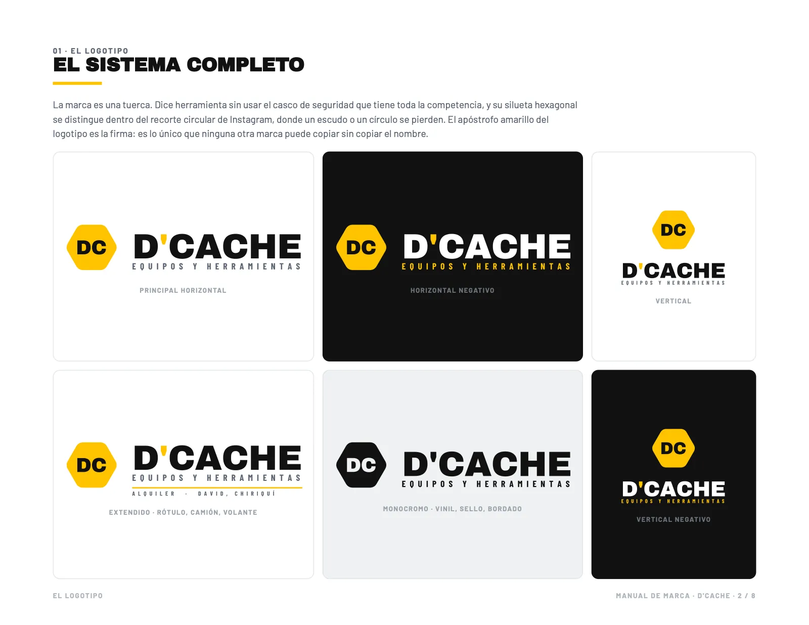 Sistema de logos de D'Cache en fondo claro y oscuro