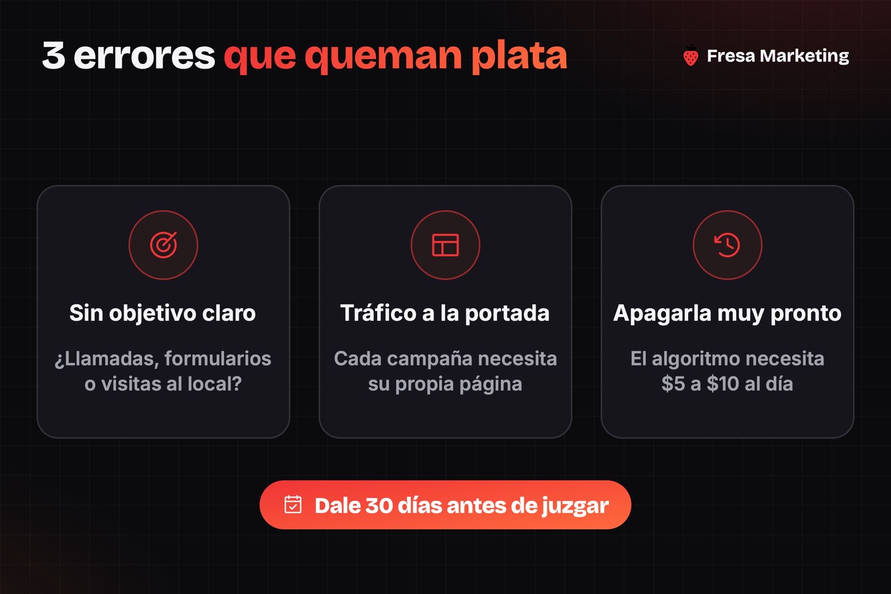 Errores en google ads vs facebook ads para negocios locales: sin objetivo, mala página y prisa