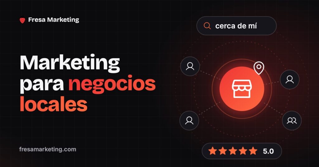 Portada de marketing para negocios locales: un negocio al centro con clientes cerca y reseñas de 5 estrellas