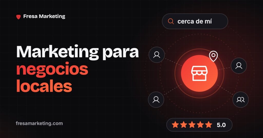 Portada de marketing para negocios locales: un negocio al centro con clientes cerca y reseñas de 5 estrellas