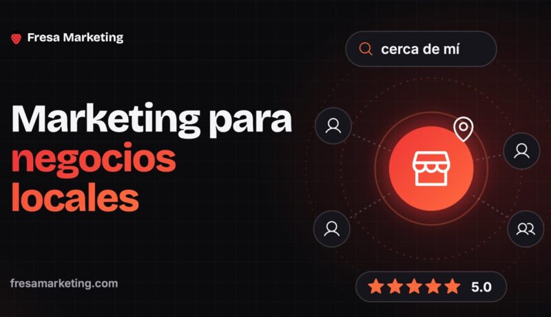 Portada de marketing para negocios locales: un negocio al centro con clientes cerca y reseñas de 5 estrellas