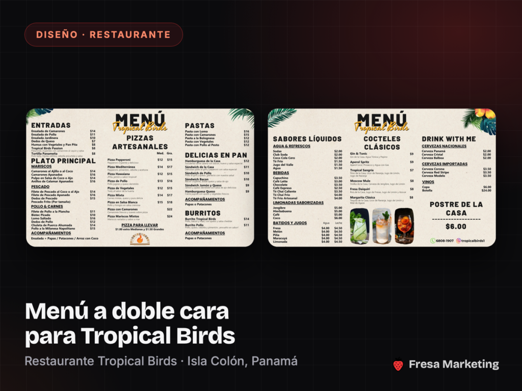 Portada del caso: menú a doble cara del restaurante Tropical Birds en Isla Colón