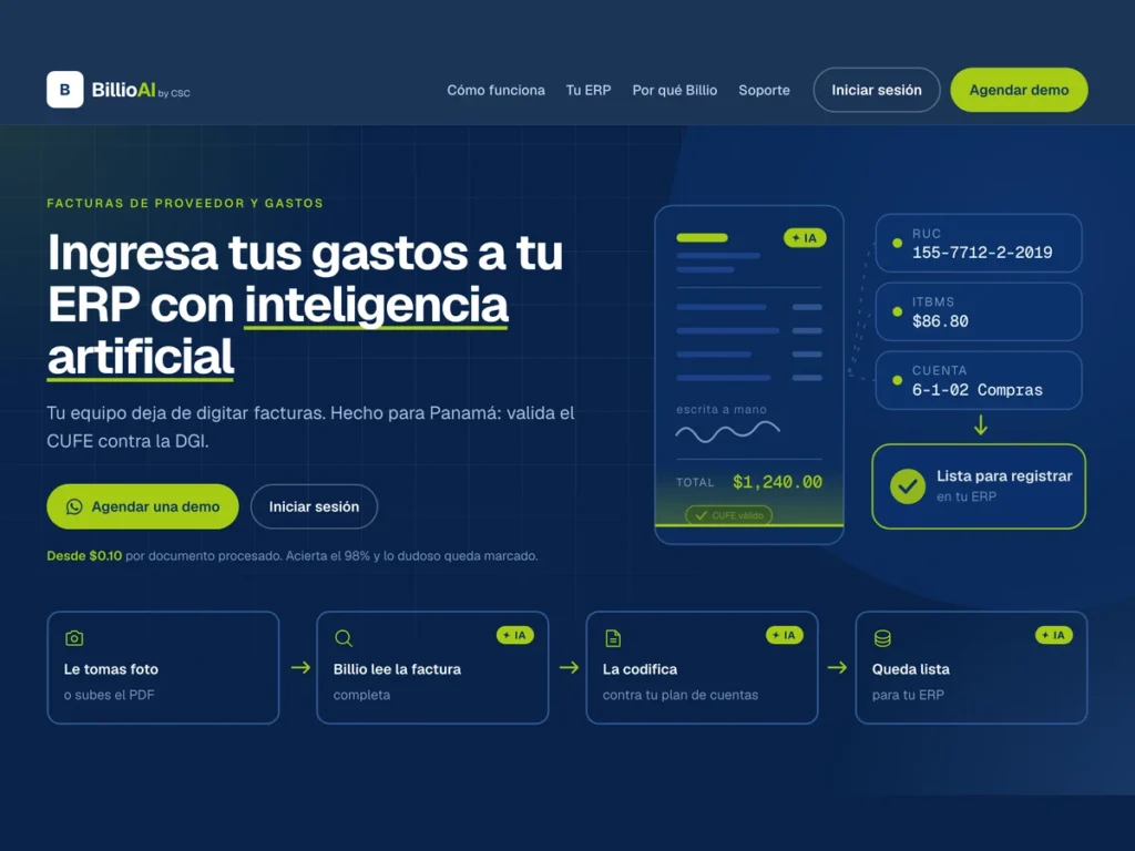 Hero de la página web de Billio diseñada por Fresa Marketing