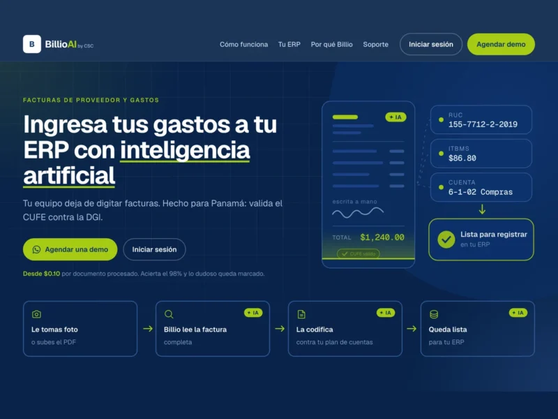 Hero de la página web de Billio diseñada por Fresa Marketing