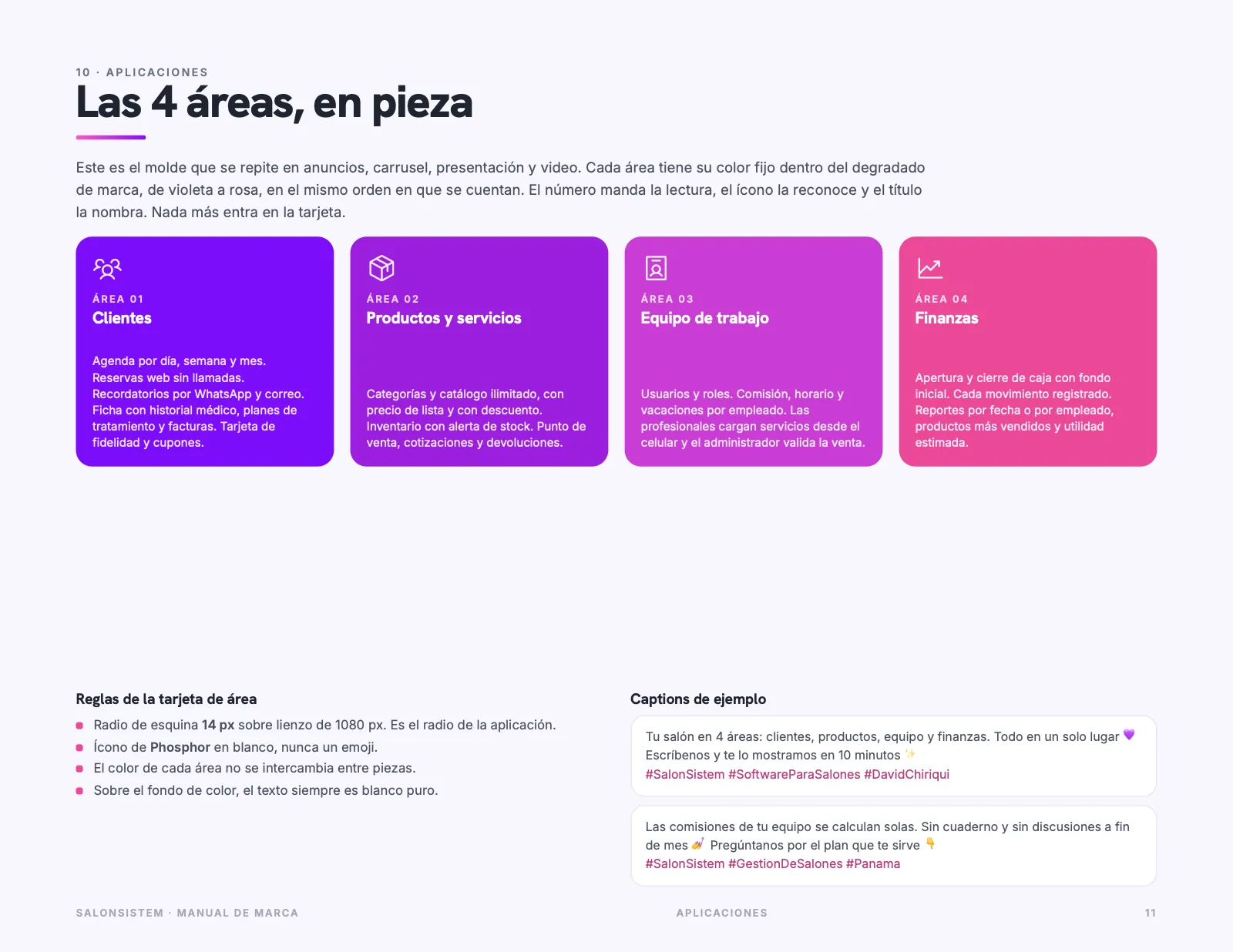 Las 4 áreas de SalonSistem con su color: clientes, productos y servicios, equipo y finanzas