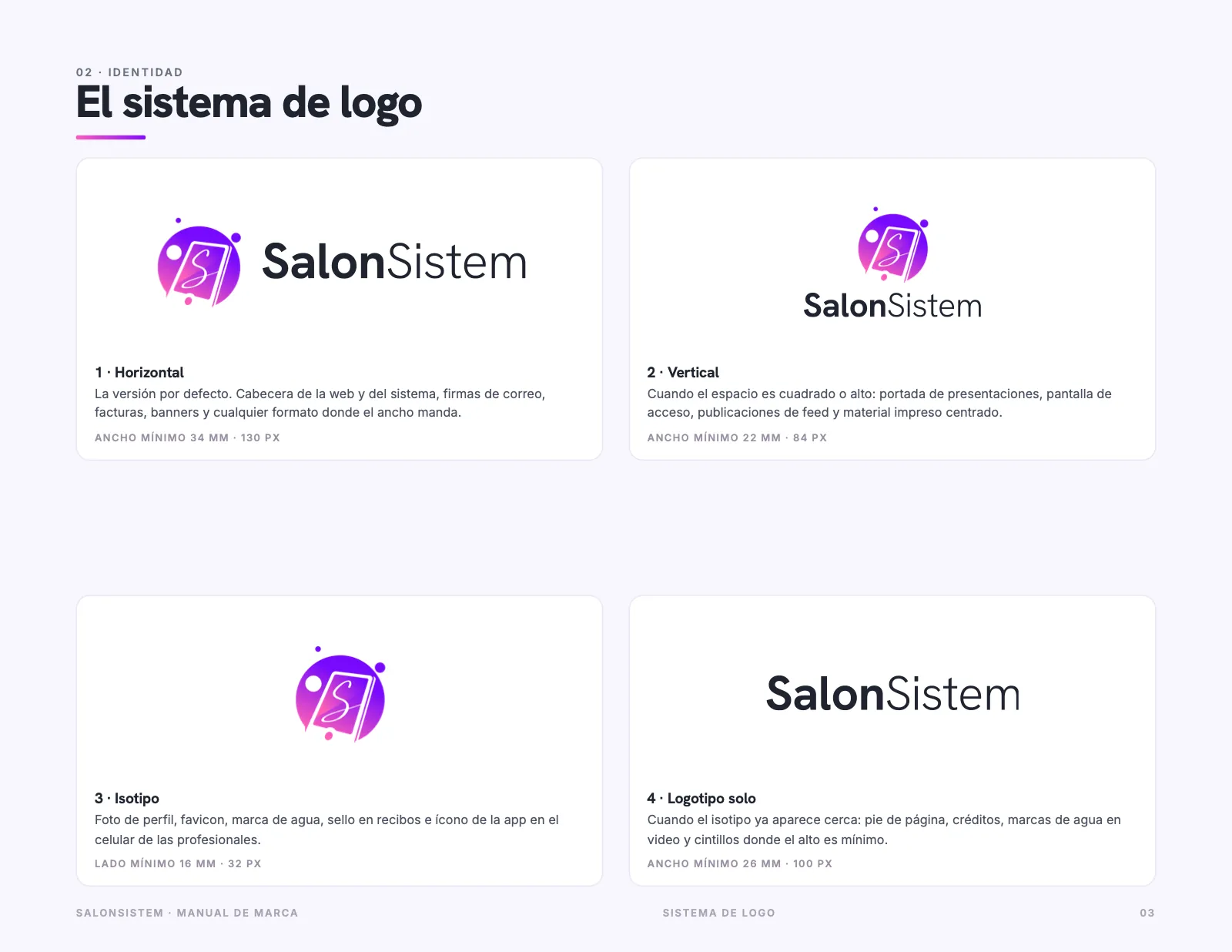 Sistema de logo de SalonSistem: horizontal, vertical, isotipo y logotipo