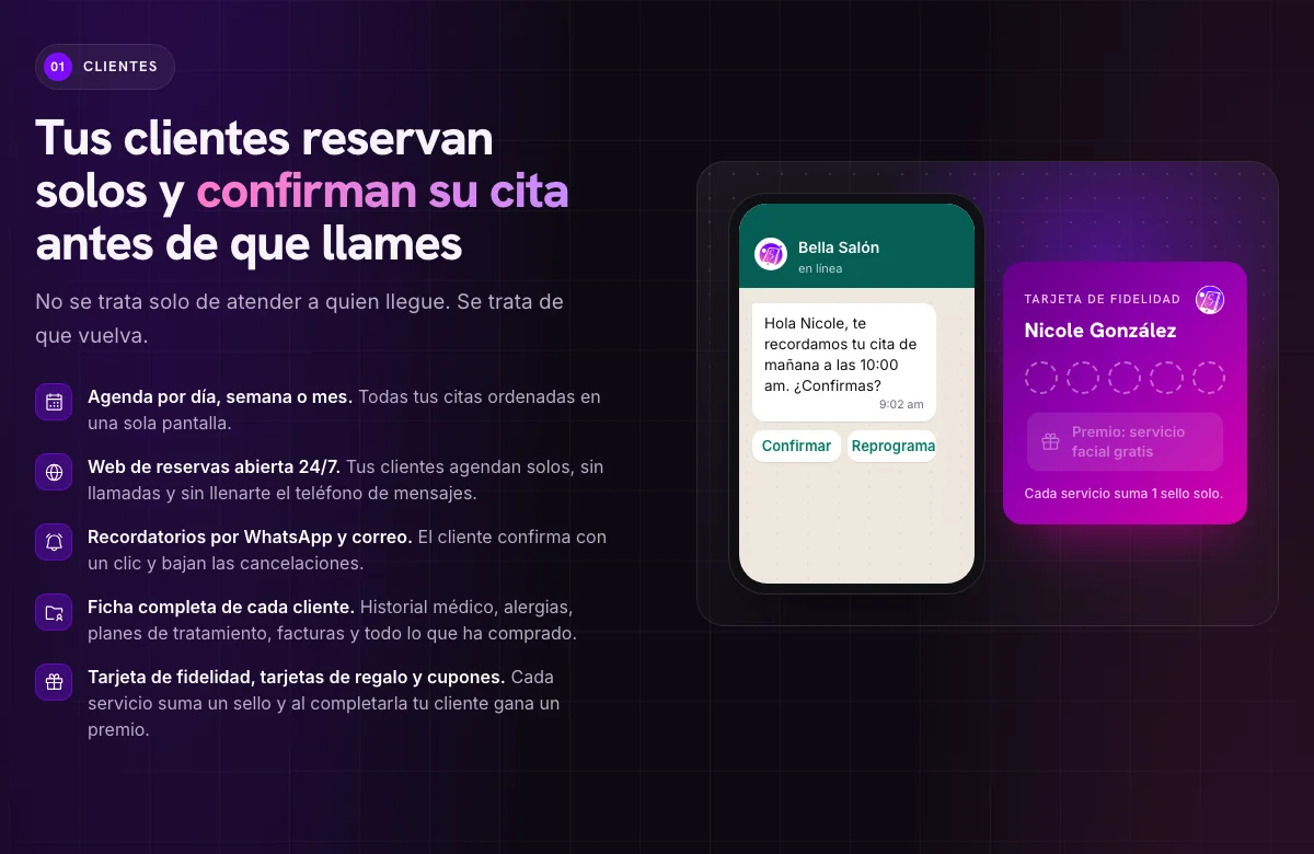Sección de clientes de la página de SalonSistem con el gráfico animado de WhatsApp y la tarjeta de fidelidad