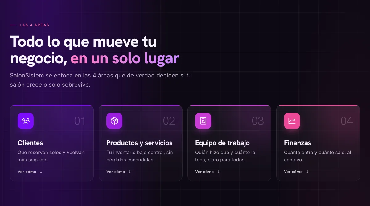 Sección de las 4 áreas de SalonSistem en su página web