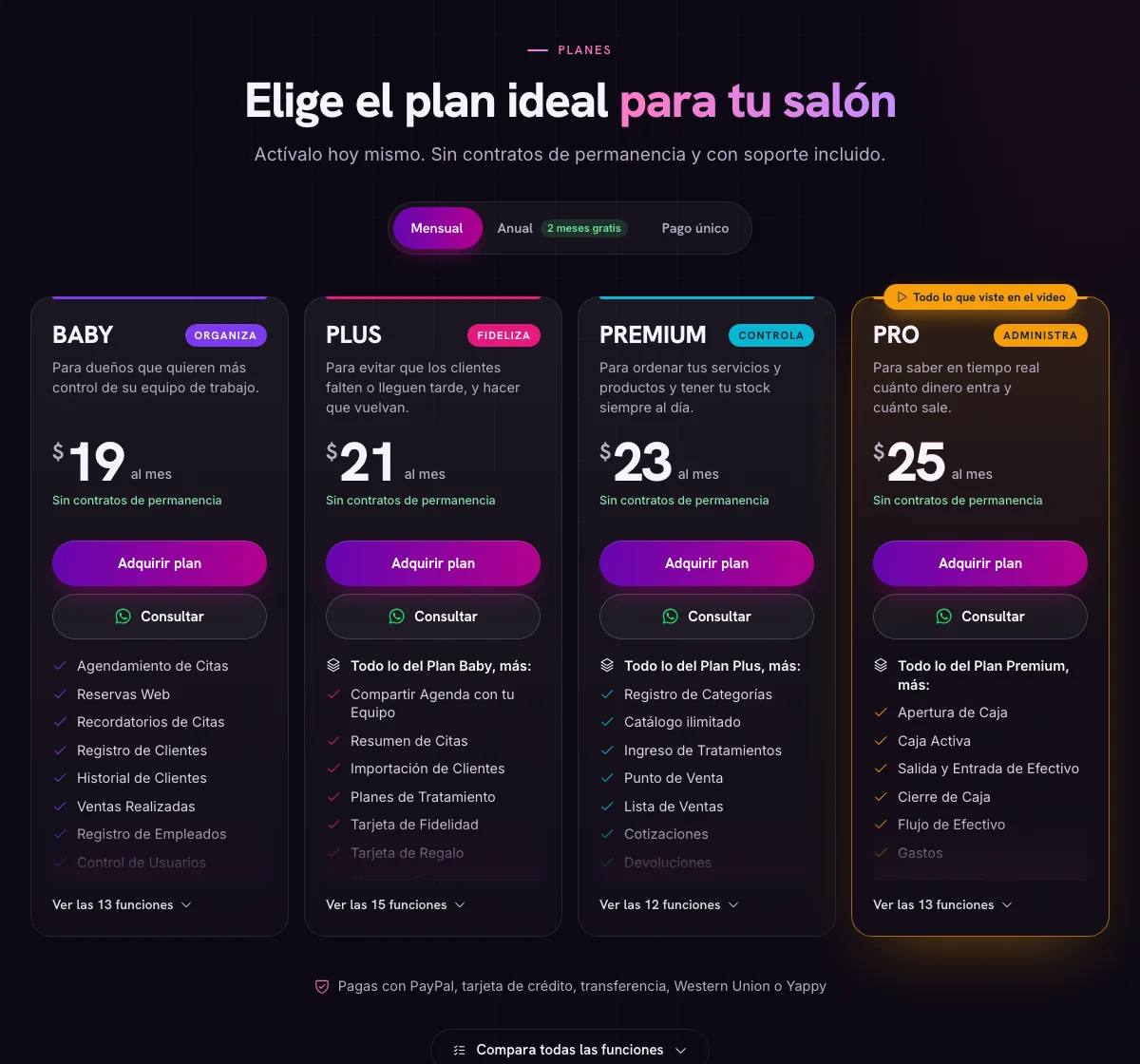 Sección de planes de la página de SalonSistem con precios mensuales