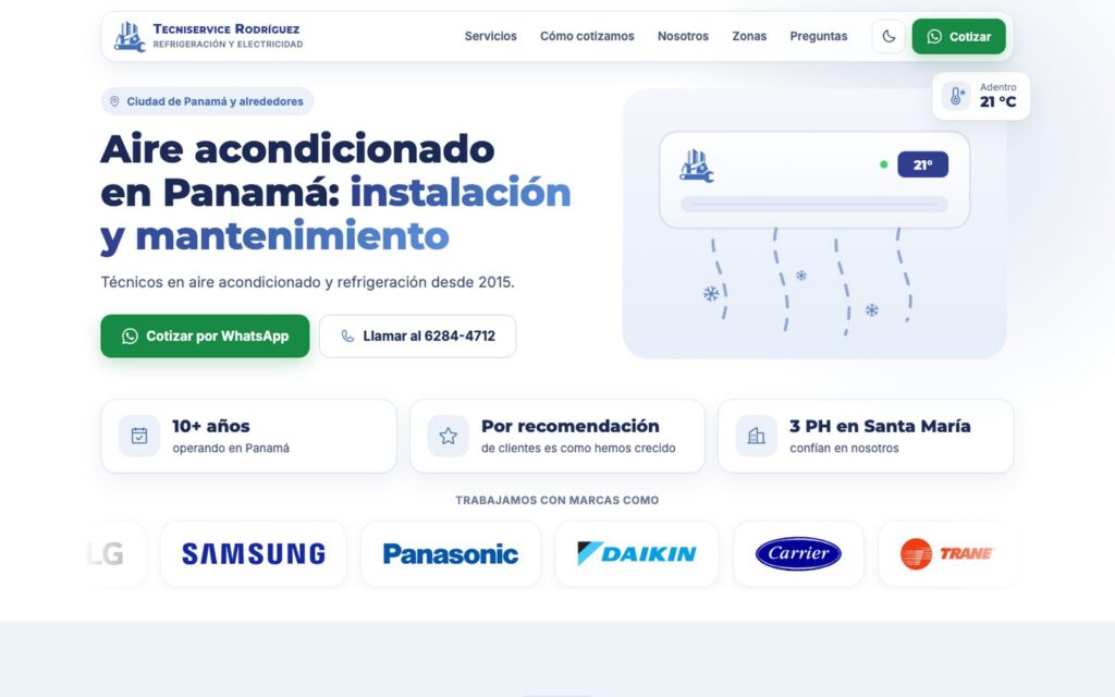 Portada de la página web de Tecniservice Rodríguez, aire acondicionado en Panamá