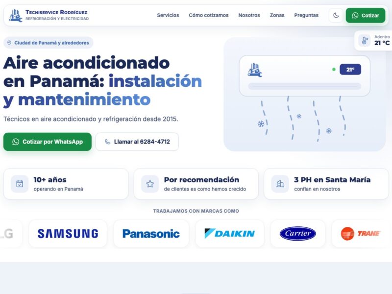 Portada de la página web de Tecniservice Rodríguez, aire acondicionado en Panamá
