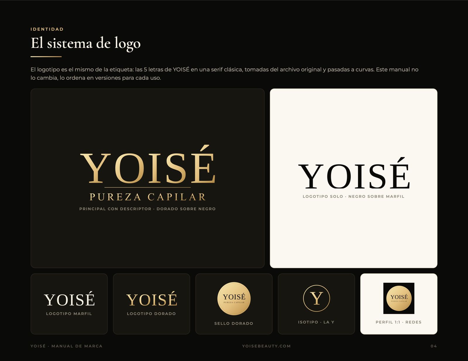 Sistema de logo de Yoisé: logotipo, sello e isotipo