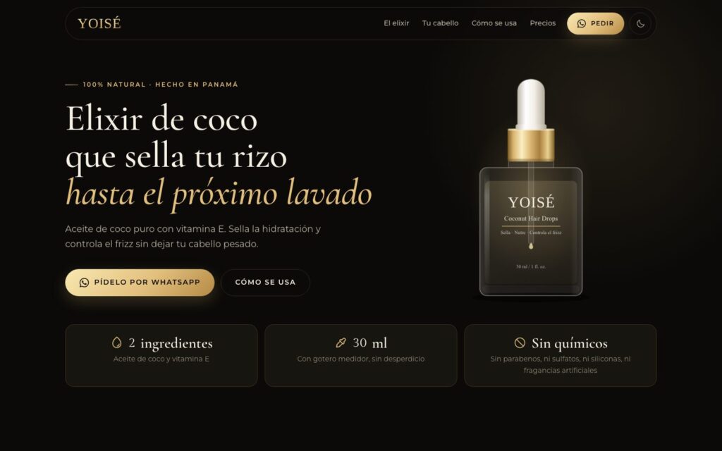Portada de la página web de Yoisé, elixir capilar de coco