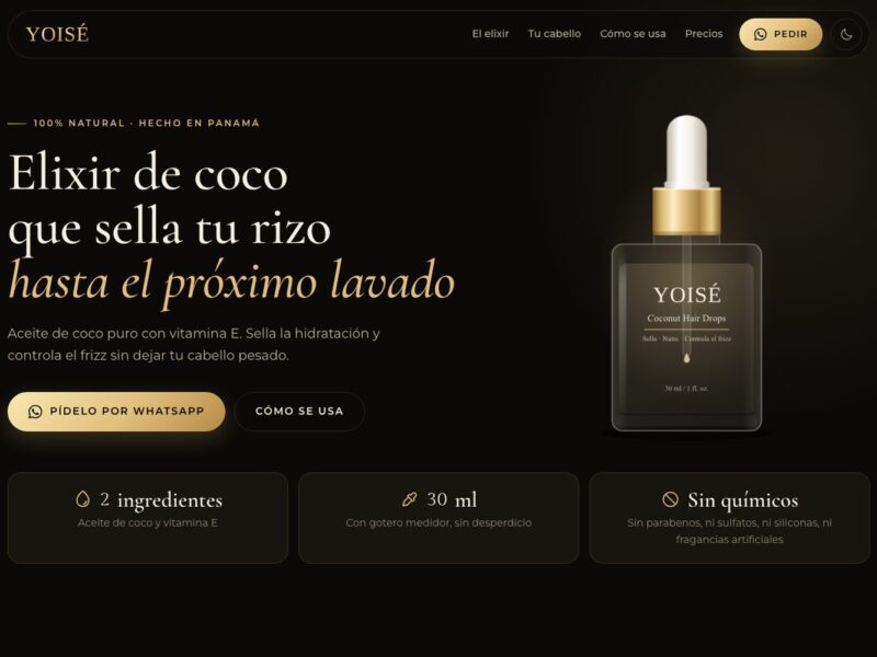 Portada de la página web de Yoisé, elixir capilar de coco